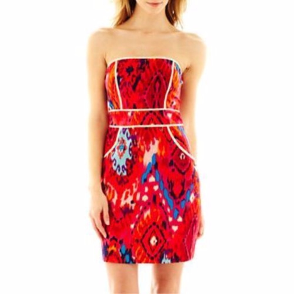 Print Red Strapless Dress By B. Smart New